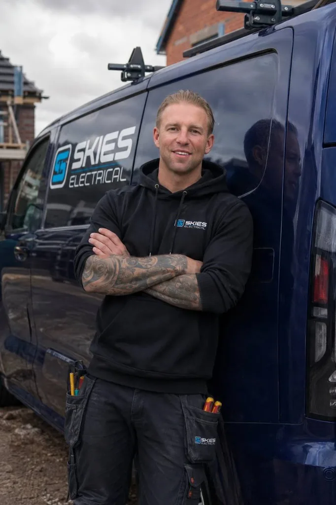 Skies Electrical electrician standing beside the sign-written Skies Electrical van