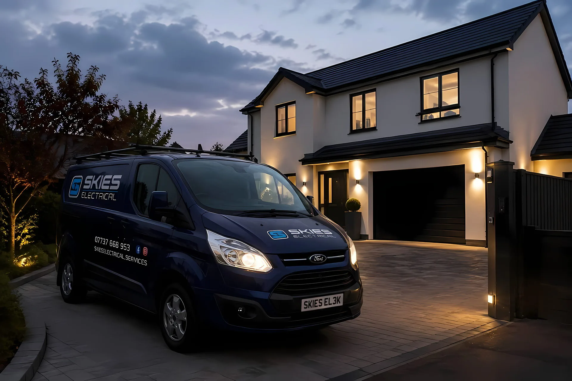 Skies Electrical van on a driveway at dusk
